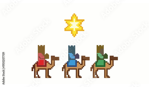 Three Wise Men Camel Caravan Pixel Art Nativity Star Christmas Vector Design