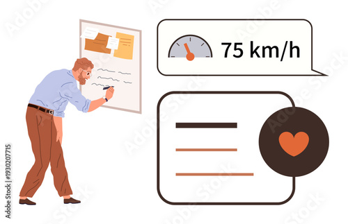 Productivity. Vector illustration. communication, efficiency, data analysis, teamwork, goal setting. Man writing on board with speed reading and heart icon speech bubbles. Productivity communication