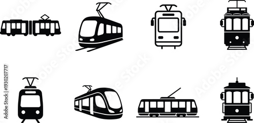 Set of tram and streetcar icons in various perspectives, black and white flat vector illustration, cad drawing for urban transit architectural visualization