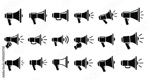 A row of black megaphone icons emitting sound waves silhouette