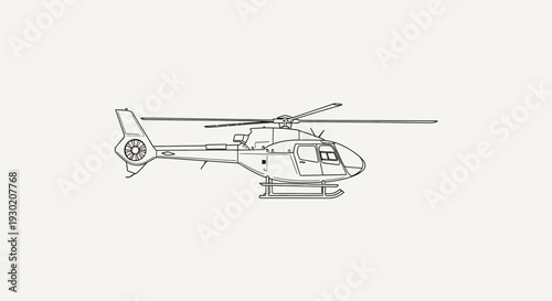 Helicopter blueprint outline drawing, side view, isolated on white background