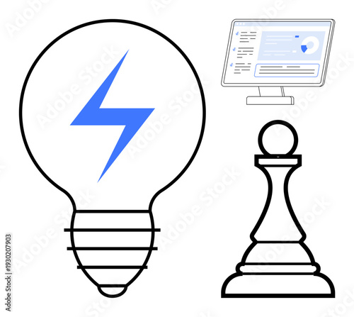 Innovation, strategy, decision making, technology, energy efficiency, digital transformation. Light bulb, chess pawn and computer screen with analytics. Innovation and strategy concept