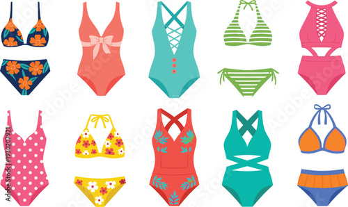 Women's Swimwear and Bikini Vector Set Featuring One Piece Swimsuits, Floral Bikinis, High Waisted Bathing Suits, and Summer Beach Fashion Illustrations for Vacation Design