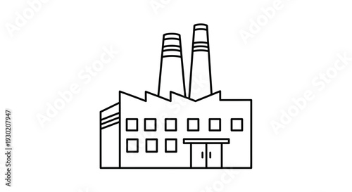 Industrial Factory Building with Smokestacks Icon, Manufacturing Plant Line Art