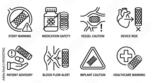 Stent warning and vessel caution line icons for cardiovascular implant safety and patient advisory