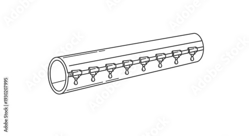 Industrial pipe with multiple drip irrigation emitters, close-up line art illustration