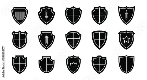 Collection of black shield icons with various emblems a dark silhouette