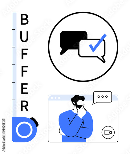 Chat bubbles with a check mark, buffer scale, and a user pondering strategies on a web interface. Ideal for communication, social media management, productivity, branding, teamwork, focus business