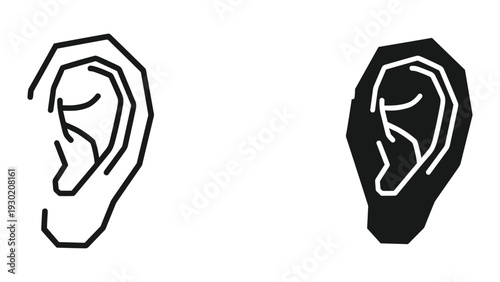 Human ear outline, black and white illustration of ear anatomy