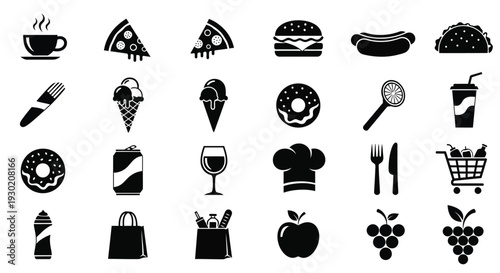 Collection of various food and drink items in black silhouette
