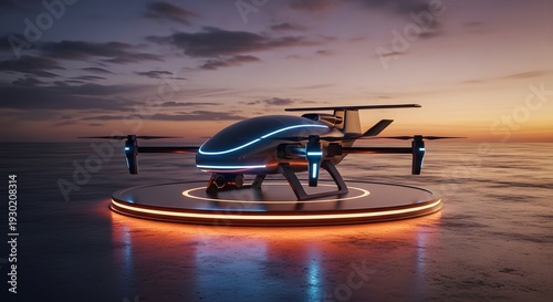 Autonomous Delivery Drone Resting on Smart Charging Dock at Sunset – Future Logistics and AI Powered Transport Automation Concept in 4K