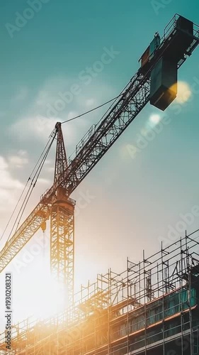 A crane builds a house at sunset.