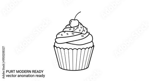 Hand-drawn cupcake illustration with cherry and sprinkles, black and white line art, vector graphic