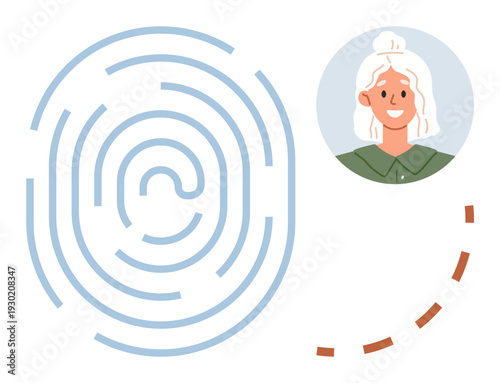 Identity security. Vector illustration. Fingerprint maze linking to a smiling woman s portrait with path, identity security, authenticity, digital access, biometrics, personalization, technology