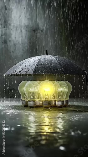 Light bulbs hiding from the rain under a black umbrella
