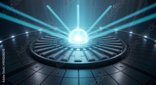 Futuristic AI Neural Core Chamber with Glowing Energy Sphere and Metallic Radial Architecture – Advanced Artificial Intelligence Infrastructure Concept in 4K