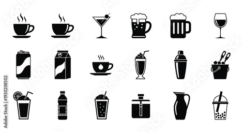 Various beverage icons arranged in rows a clean black silhouette