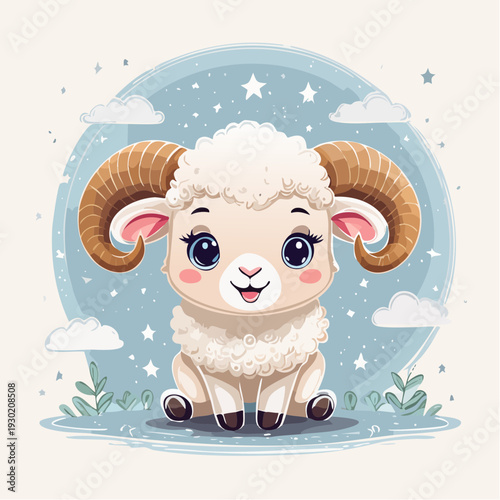 Adorable cartoon ram sitting on a lush meadow under a starry night sky with fluffy clouds