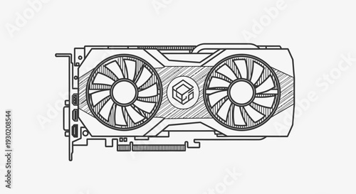 Hand-drawn illustration of a modern computer graphics card with two fans