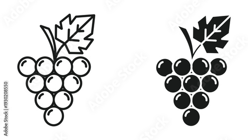 Black and white illustration of grapes with leaves