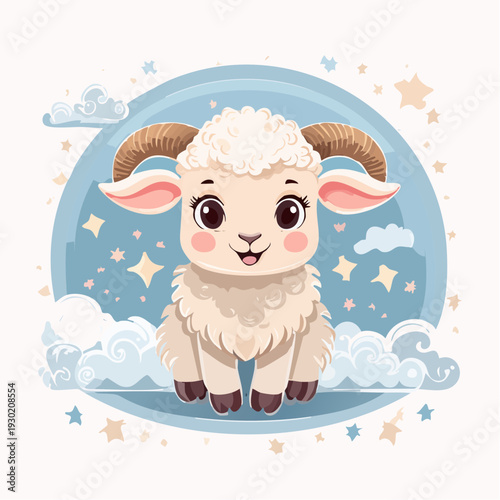 A cartoon goat with fluffy wool and curved horns stands amidst clouds and stars in a celestial scene