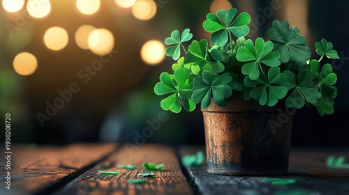 A vibrant pot of four-leaf clovers sits on a weathered wooden table, illuminated by the warm glow of bokeh lights in the background, creating a magical and serene atmosphere.