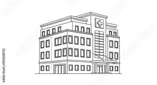 Hand-drawn sketch of a modern hospital building with a cross symbol, medical facility exterior.
