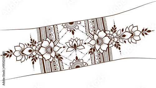 High Quality Art of Wrist Bracelet-Style Henna Band with Floral and Geometric Accents, Traditional Mehendi Pattern Illustration