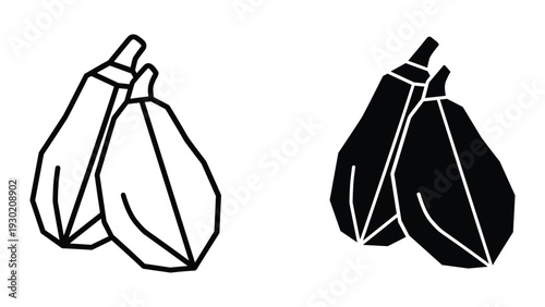 Black and white illustration of two pears with stems