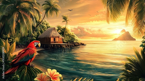 A vibrant tropical paradise scene showcases a rustic wooden hut nestled on a serene beach, framed by lush palm trees and a stunning sunset over the ocean.