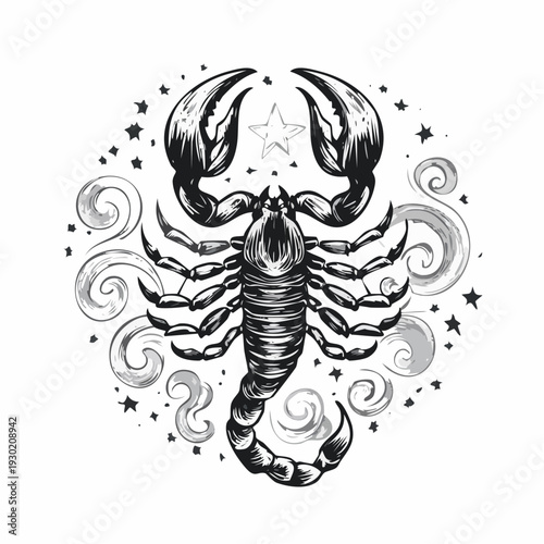 A majestic scorpion illustration surrounded by swirling stars and celestial elements in a mystical design