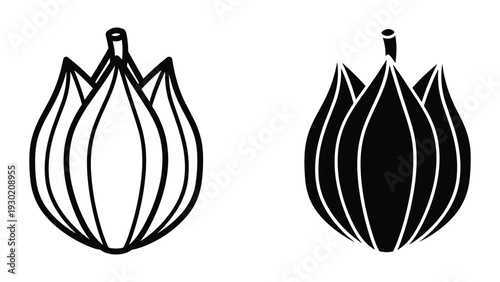 Black and white illustration of garlic bulbs