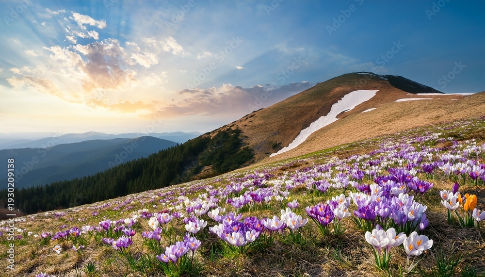 Fototapeta premium A Gently Sloping Hill Of Pastel Crocuses