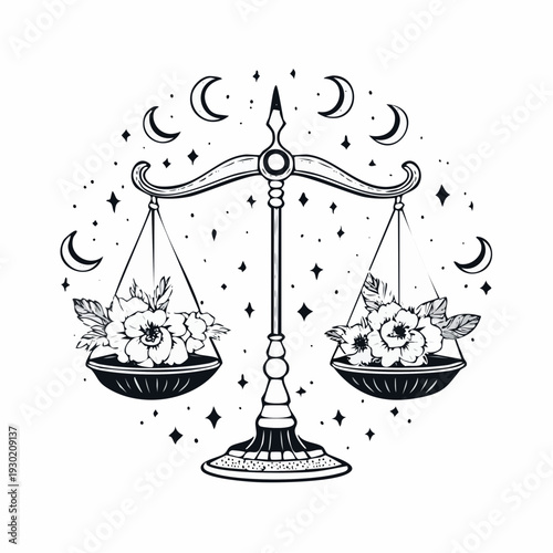 A mystical scale balancing flowers surrounded by celestial elements and stars in a detailed illustration