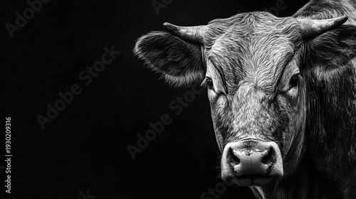 A black and white portrait of a cow's head, captured in a dramatic, close-up shot against a dark background, highlighting its powerful features and intense gaze.
