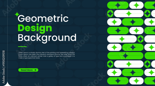 Blue Green website Banner header design. Geometric shapes, text elements, Star, Rounded navigation menu present. Modern, abstract style. Minimalist aesthetic. Clean. Geometric Shape Digital Background
