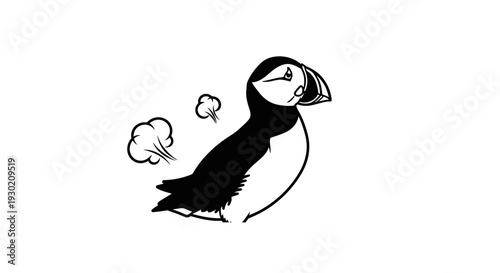 Funny Cartoon Puffin Bird Farting with Smoke Clouds, Isolated on White Background