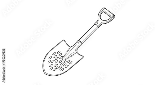 Garden Spade Tool with Holes, Black and White Line Drawing