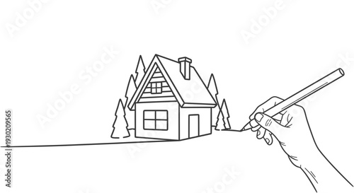 Hand drawing a house in a forest with a pencil, concept of creation and home building