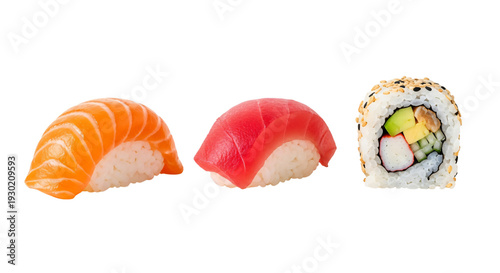 A plate of sushi with salmon and tuna nigiri and a maki roll isolated on transparent background