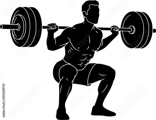 Strong bodybuilder silhouette performing a heavy barbell back squat in a gym