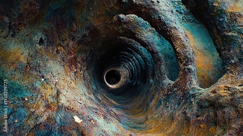 A dramatic, close-up view of a dark, spiraling tunnel carved into weathered rock, revealing a deep, black abyss.