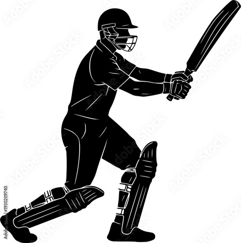 Action silhouette of a cricket batsman swinging the bat to hit a boundary shot