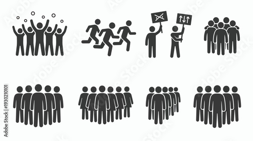 Human figure stick man icons representing project managers and marketing executives in various group dynamics, concept for corporate team building, social activism and organizational management