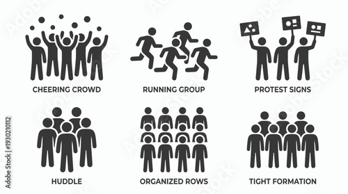 Group of project managers and office workers in huddle and running formations, concept for team building activities, corporate human resources strategy and organizational growth
