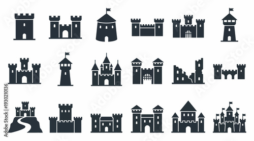Collection of medieval castle silhouettes and fortress tower icons set on isolated white background, concept for game interface design, historical brand identity and architecture mapping