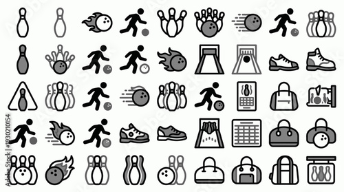 Large collection of bowling sport icons including pins, fire balls, player silhouettes, shoes and equipment bags, concept for athletic branding design, mobile game app and advertising