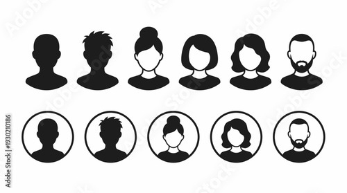 Diverse human avatar profile icons featuring silhouettes of male and female office workers and managers in circular frames, concept for staff directory, recruitment and business network