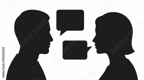 Silhouette of male project manager and female executive director talking with speech bubbles between them, concept for business consultation, professional interview and corporate networking