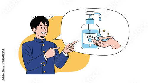 Student in a school uniform pointing towards a thought bubble that shows how to use hand sanitizer correctly.